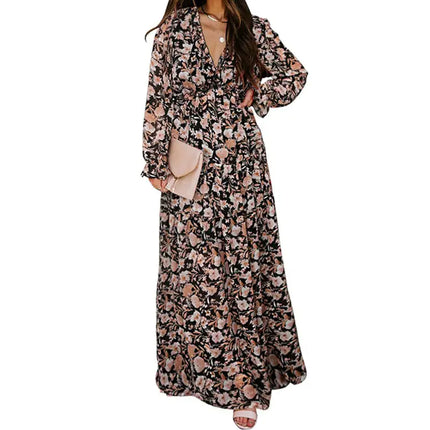 Women’s V-neck Loose Printed Long Sleeve Dress – Floral & Ruffle Design