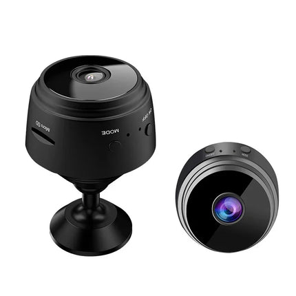 Compact black mini security camera with Micro SD slot, ON/OFF and MODE buttons, ideal for home surveillance