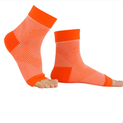 Bright orange compression socks with geometric pattern, open-toe design for foot support and circulation