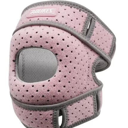 Pink breathable knee brace with gray trim and open patella design for support and comfort