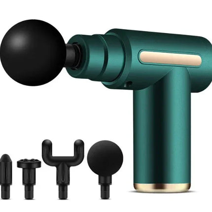 Teal handheld massage gun with black attachments, portable muscle therapy device for recovery