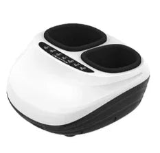 White and black foot massager with dual chambers and control panel for relaxation and circulation
