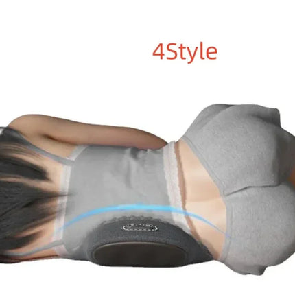Gray back massager with blue heat glow, worn by woman for lumbar relief, 4Style design