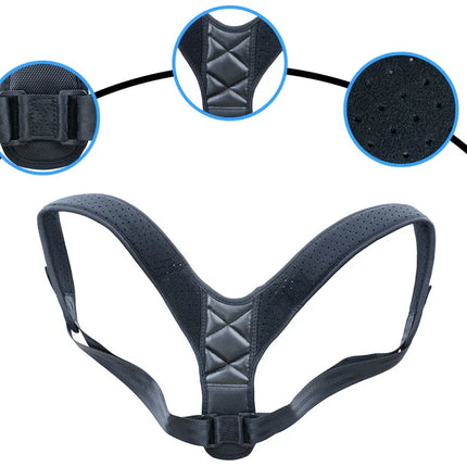 Black posture corrector with adjustable straps, breathable mesh, and quilted back support for shoulder alignment