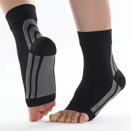 Black ankle support socks with gray compression panels for foot and arch stability