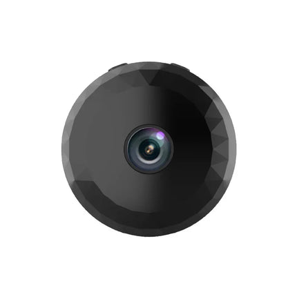 Black compact security camera with faceted design and central lens for home surveillance