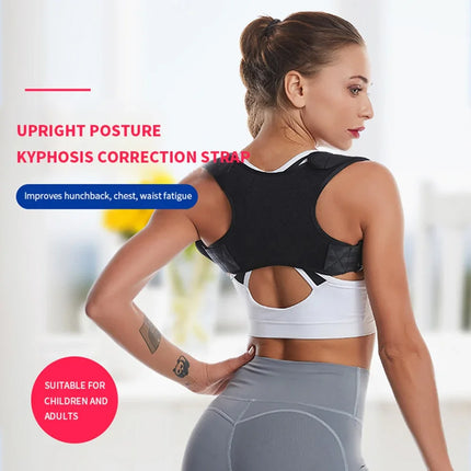 Black posture corrector strap for upright posture, relieves hunchback & back fatigue, fits adults and children