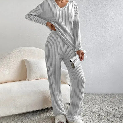 Women’s Autumn Ribbed Knit Lounge Set – Cozy V-Neck Sweater & Pants