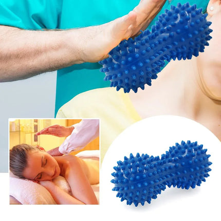 Blue spiky massage roller for muscle relief, used in therapy sessions, featuring ergonomic design and textured surface