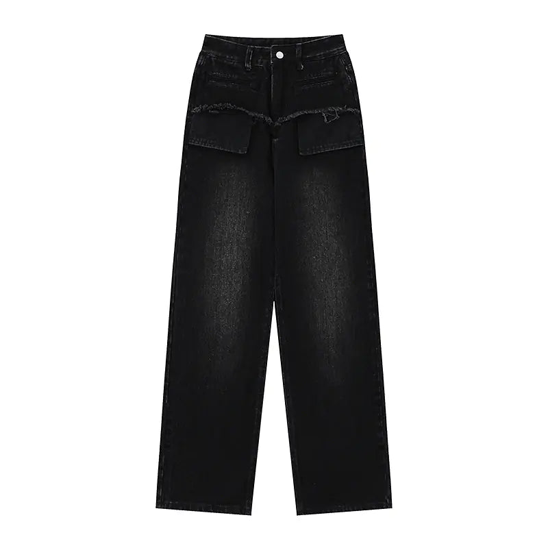 Retro Distressed Straight-Leg Jeans for Women – Blue & Black