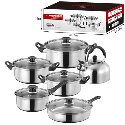 “Stainless steel 12-piece cookware set with kettle and glass lids”
