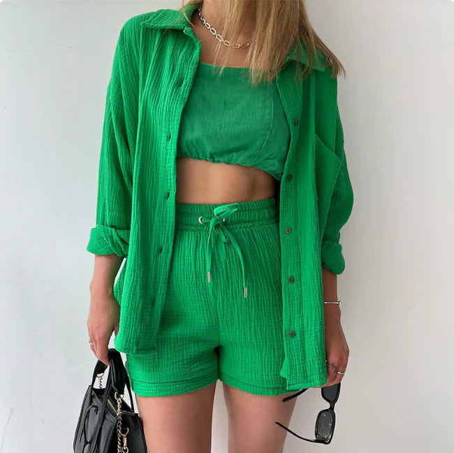 Women’s Long Sleeve Commuter Two-Piece Set – Lapel Shirt & High-Waist Shorts