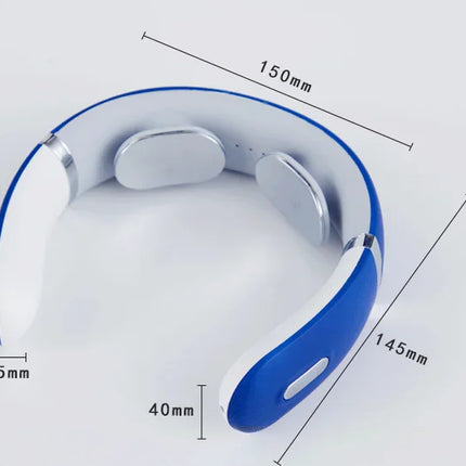 Blue and white neck massager with heat therapy, 150mm arc design, ergonomic fit for relaxation