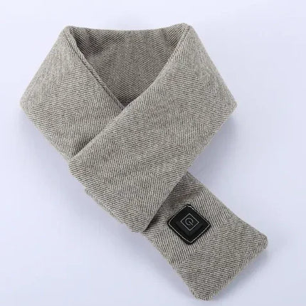 Beige herringbone heated neck wrap with black control panel, cozy winter accessory for warmth and comfort