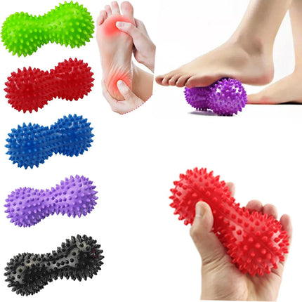 Spiky foot massage roller in green, red, blue, purple, black; relieves plantar fasciitis pain, handheld & underfoot use
