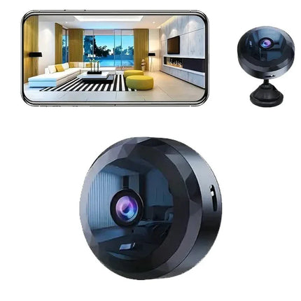 Black wireless home security camera with live view on smartphone, sleek dome design for indoor monitoring