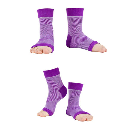 Purple toeless compression socks with geometric pattern, designed for foot support and comfort