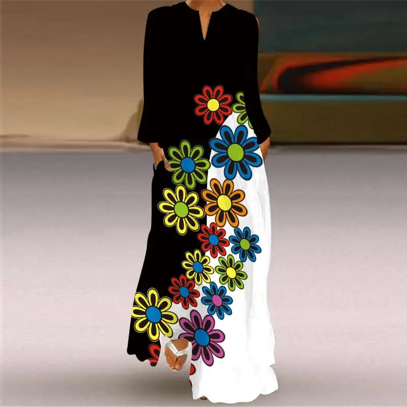 Women’s V-neck Long Sleeve Printed Loose Dress with Pockets