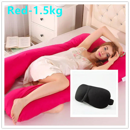 Red 1.5kg body pillow for sleep support with black eye mask, cozy bedroom use
