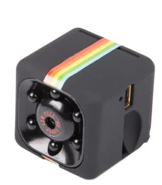 Black mini security camera with rainbow stripe, LED lights, USB port, compact design for home monitoring