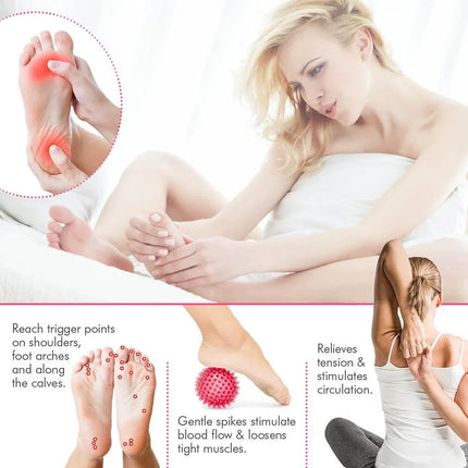 Pink spiked foot massage ball for arch, calf & shoulder tension relief, stimulates circulation, loosens muscles