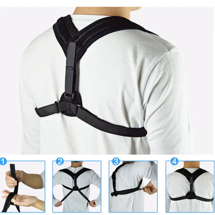 Black posture corrector brace with adjustable straps for back support, shown on person with step-by-step fit guide