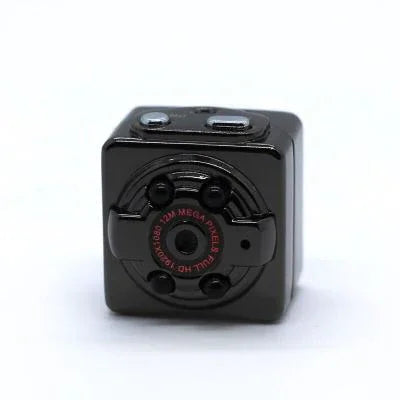 Black mini HD camera with 12MP lens, compact cube design for discreet recording