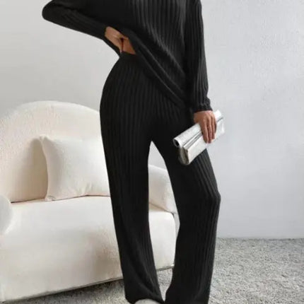 Women’s Autumn Ribbed Knit Lounge Set – Cozy V-Neck Sweater & Pants