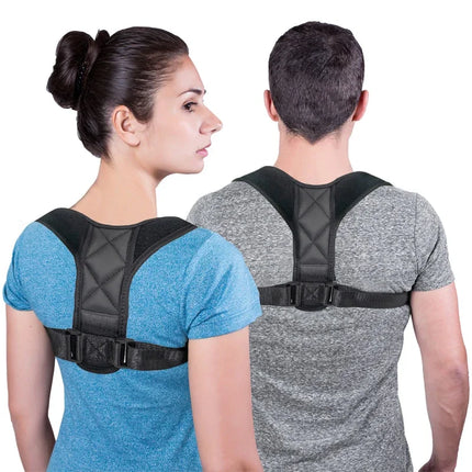 Black posture corrector brace with adjustable straps for back support, worn by man and woman