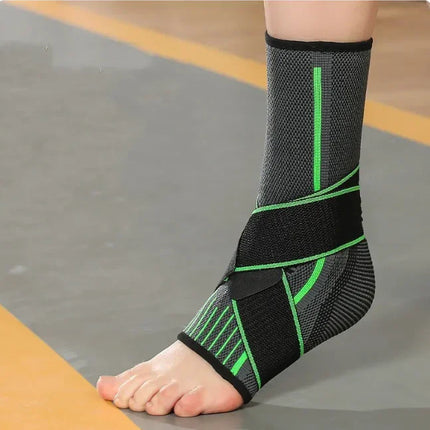 Black ankle brace with green accents, breathable mesh design, adjustable straps for support during sports or recovery