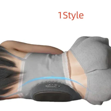 Gray back support belt with blue massage vibration, ergonomic design for lumbar relief