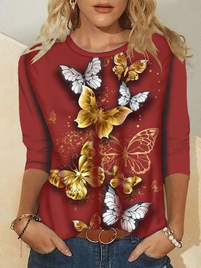"Women's printed crew neck long sleeve T-shirt in cotton blend"