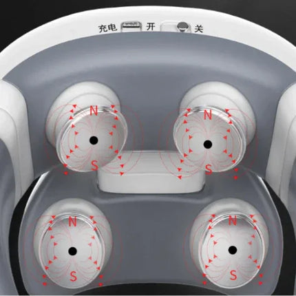 White electric scalp massager with 4 magnetic nodes, red pulse arrows, charge/power buttons