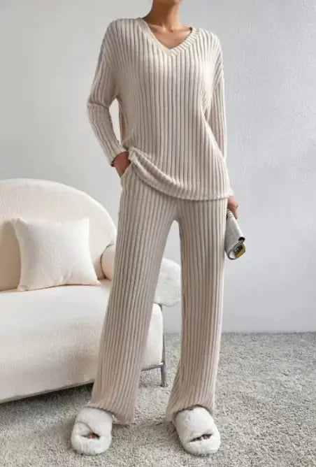 Women’s Autumn Ribbed Knit Lounge Set – Cozy V-Neck Sweater & Pants