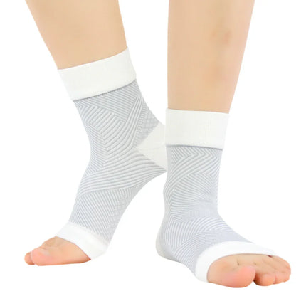 Gray compression ankle support socks with white trim, breathable mesh design for foot and arch support