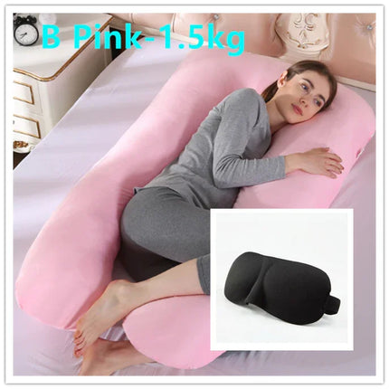 Pink 1.5kg full-body pregnancy pillow with contoured design for side sleeping support, includes black sleep eye mask