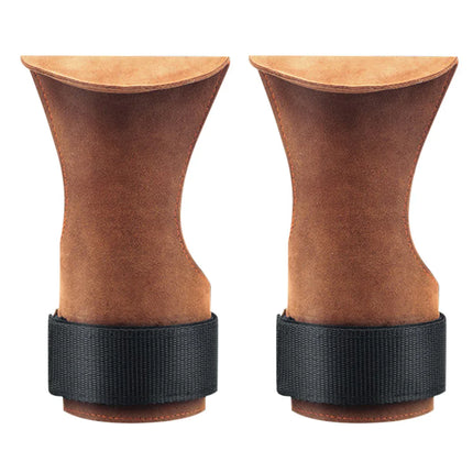 Brown leather wrist supports with black adjustable straps for gym workouts and weightlifting
