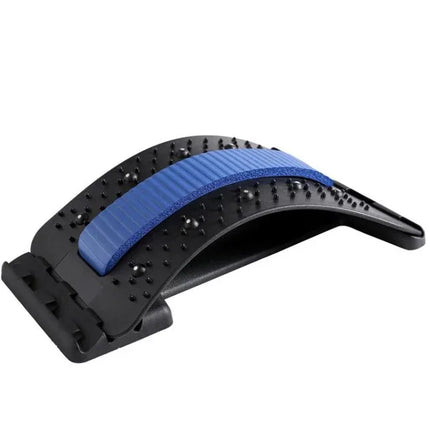 Black back stretcher with blue cushion, ergonomic design for spine alignment and lower back relief