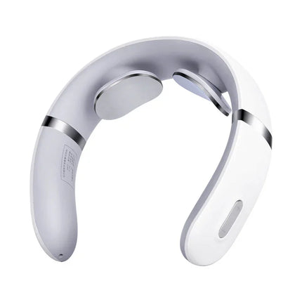 White neck massager with silver accents, ergonomic design for shoulder and neck relief, portable wellness device