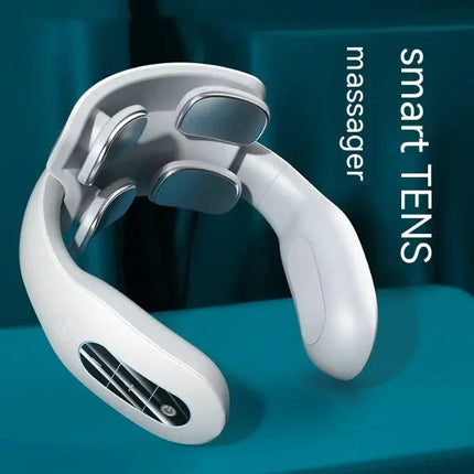 White smart TENS neck massager with adjustable nodes and sleek design for relaxation and pain relief