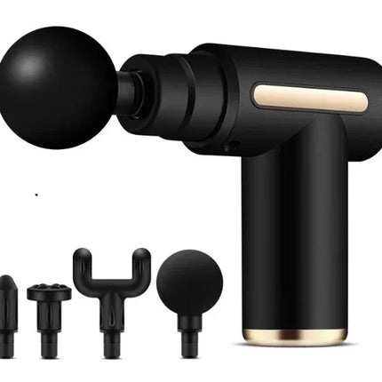 Black handheld massage gun with gold accents and 4 interchangeable heads for muscle recovery