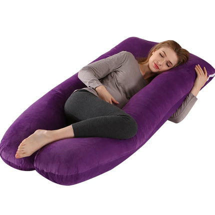 Purple full-body pregnancy pillow for side sleeping, supportive design, soft velour fabric