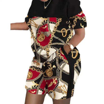 Women’s Printed Two-Piece Commuter Set – Short-Sleeve Top & Matching Shorts