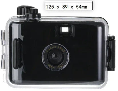 Black waterproof action camera with 36mm lens, clear protective case, compact 125x89x54mm design for outdoor use