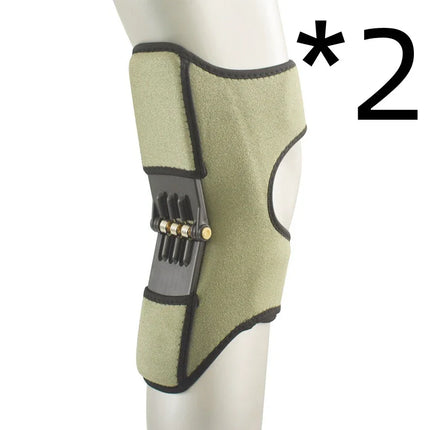 Olive green knee brace with black trim and adjustable metal hinges for support