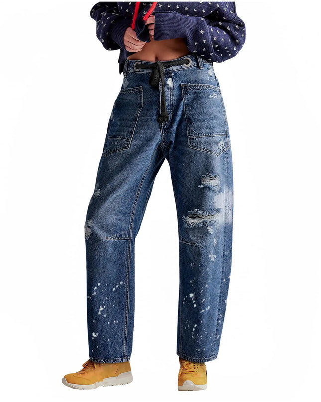 “LifeShe Women’s Baggy Barrel Jeans – Mid Rise Drawstring Boyfriend Denim with Paint Splatter”