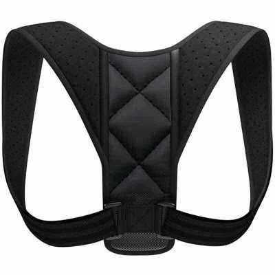 Black posture corrector with breathable mesh straps and quilted back support for improved alignment