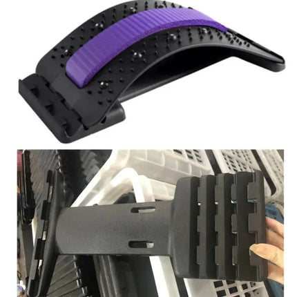 Purple and black back stretcher with massage nodules, ergonomic design for spine alignment and posture correction