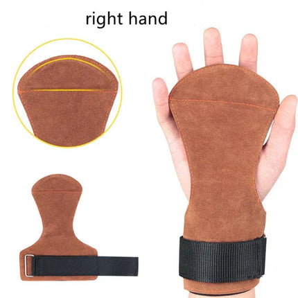 Brown suede weightlifting grip pad with black strap, designed for right hand support and palm protection during workouts.