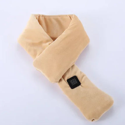 Beige heated neck wrap with soft plush design and black control panel for warmth and comfort